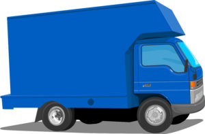 A cartoon blue mobile shredding truck